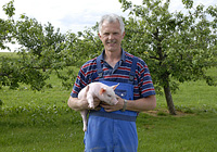 Wilhelm Heine mit einem Ferkel